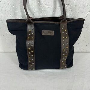 Beryll Black Canvas Leather Studded Tote Bag